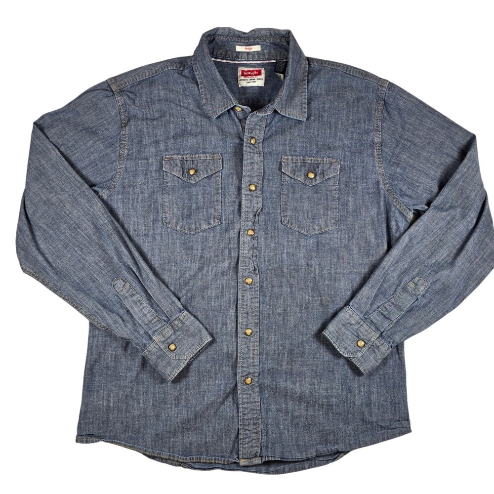 Wrangler Dark Wash Blue Indigo Stretch Western Cowboy Pearl Snap Shirt Men's XL